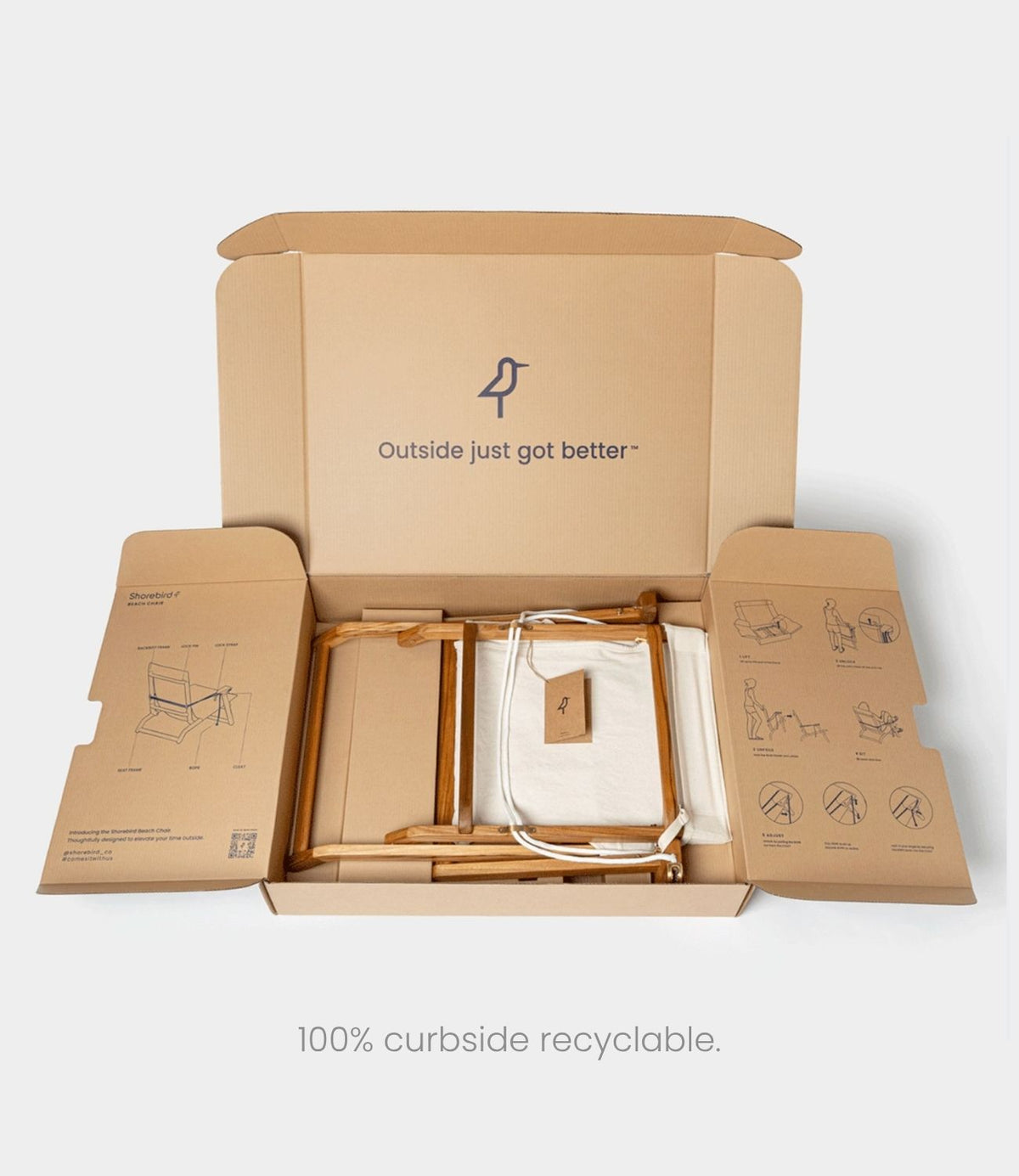Display of The Shorebird Chair 100% curbside recyclable packaging with chair inside.