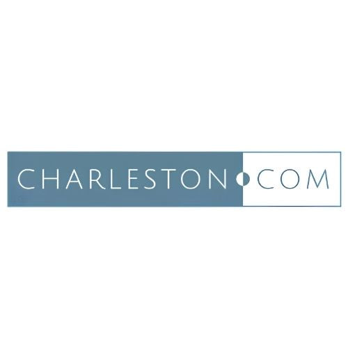 A rectangular logo reading "CHARLESTON.COM" in white text on a muted blue-gray background, with a thin blue line extending from the right edge, shown on a plain white field.