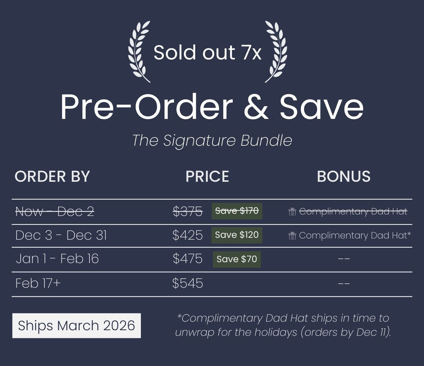 Pre-order and save offer for a product with pricing and bonus details on a dark blue background.