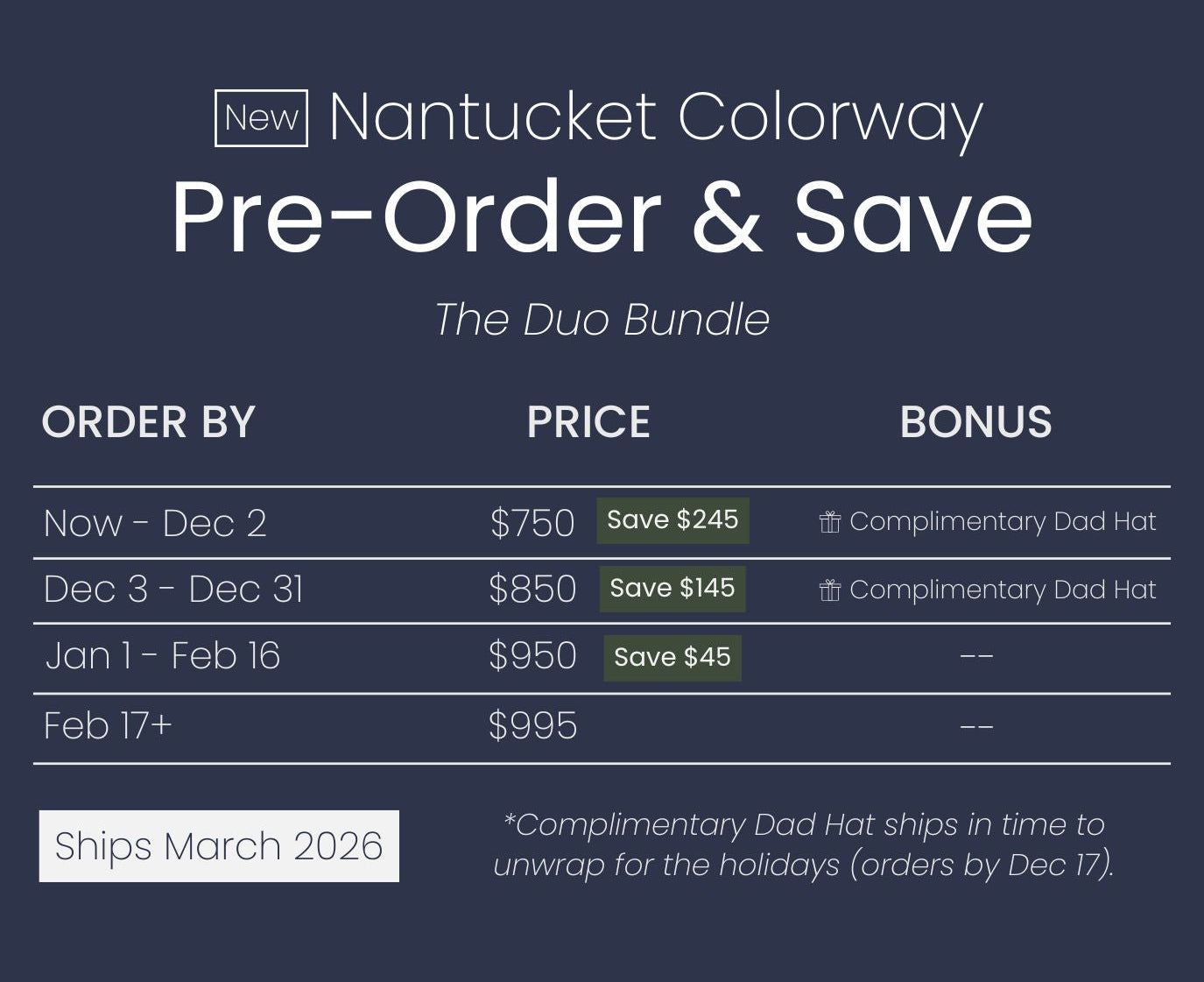 Pre-order and save offer for a product with pricing and bonus information on a dark blue background.