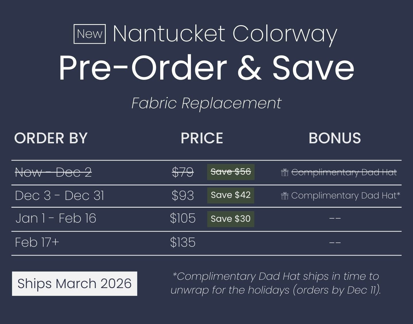 Pre-order and save chart for Nantucket Colorway fabric replacement with pricing and bonuses.