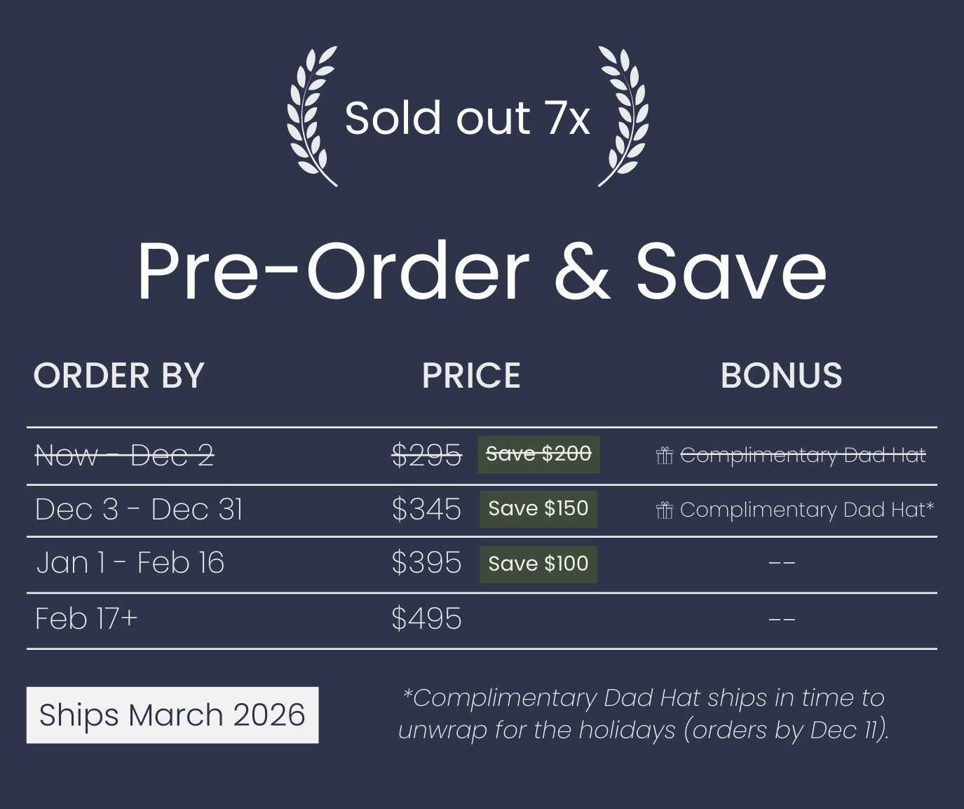 Pre-order and save pricing table with deadline and bonus offer on a dark blue background
